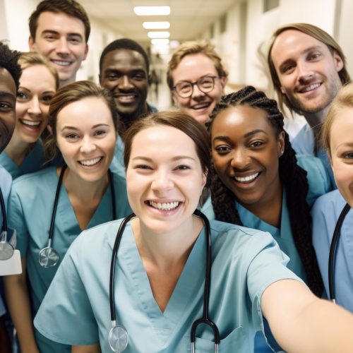 Group of doctors and nurses taking selfie in hospital corridor